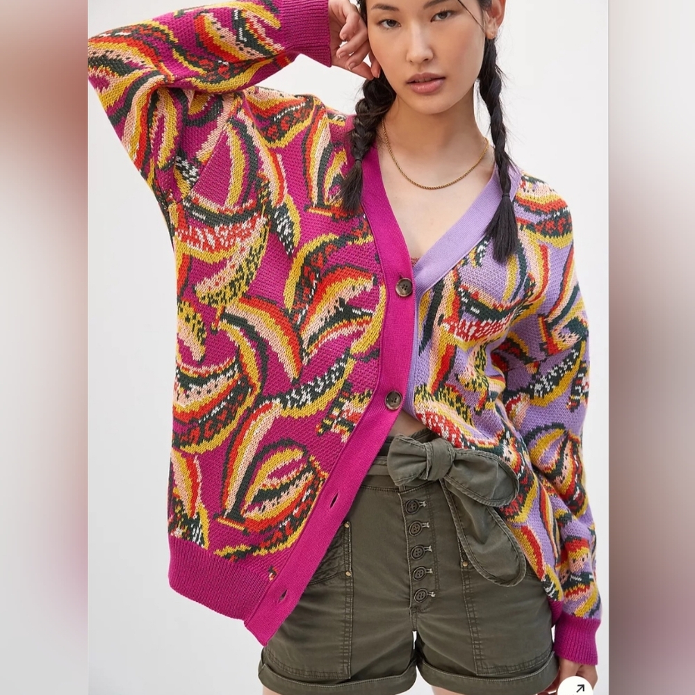 Anthropologie X Farm Rio Multicolor V-Neck Button Front Oversized Knit Cardigan